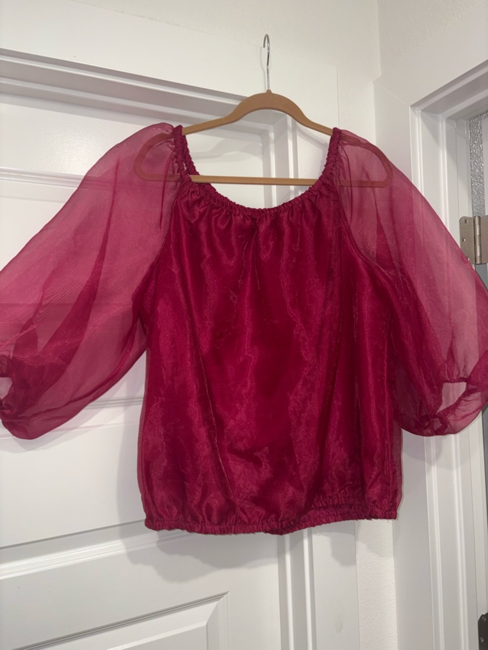 CeCe Sheer Puff-Sleeve Blouse in Berry